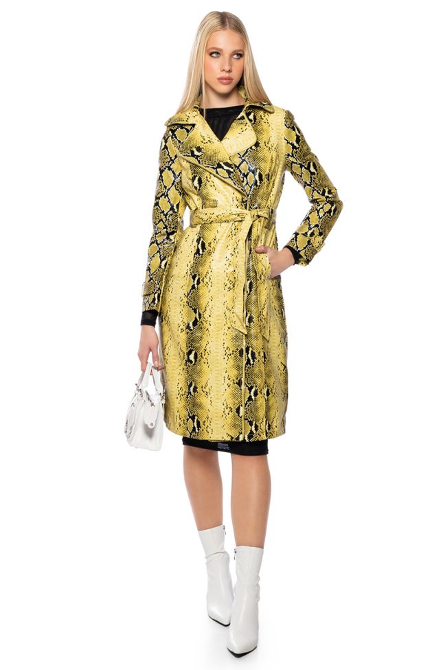 Front View Sando Snake Pleather Trench Coat With Zipper Trim