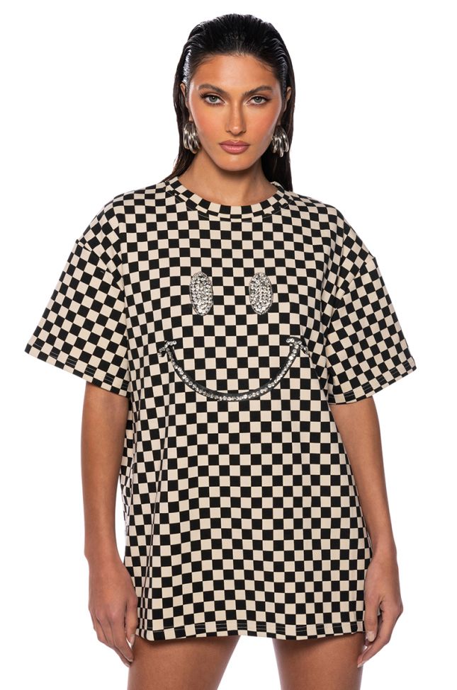 SAY CHEESE EMBELLISHED OVERSIZE CHECKERED TSHIRT