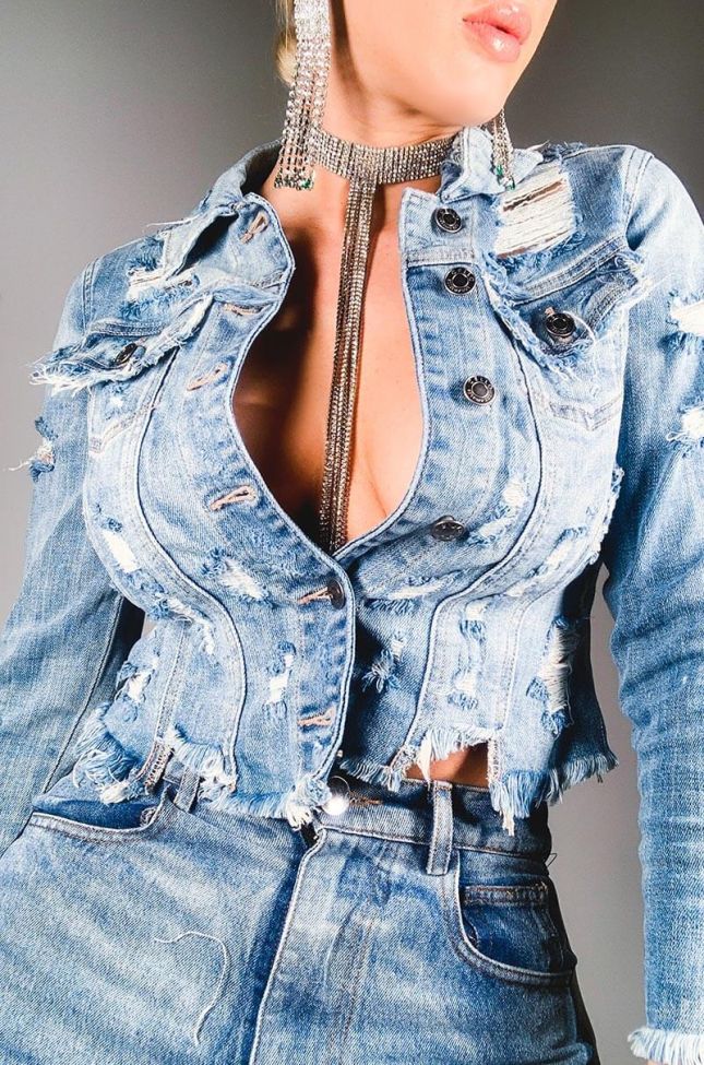 Front View Say My Name Distressed Cropped Denim Jacket in Light Blue Denim