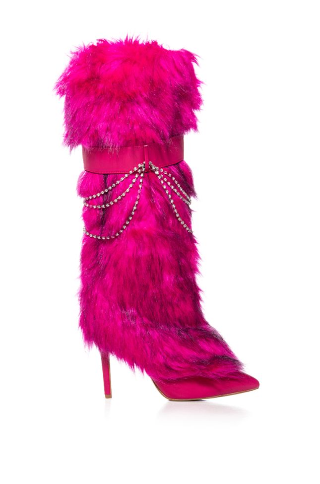 Side View Scandalous Faux Fur Stiletto Boot With Rhinestone Detailing In Pink