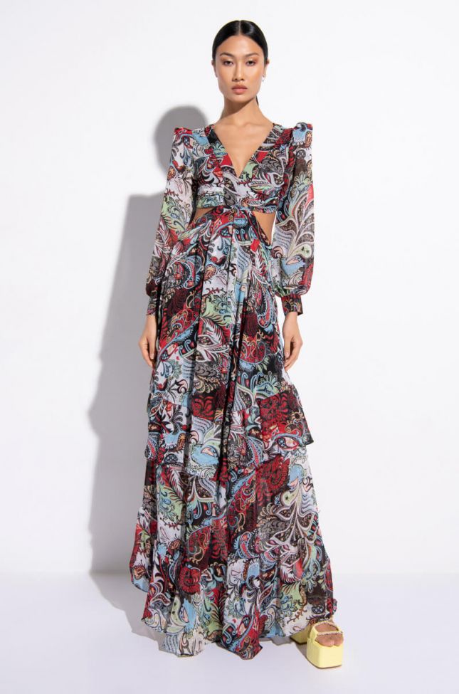 Front View Scarf Print Cut Out Maxi Dress