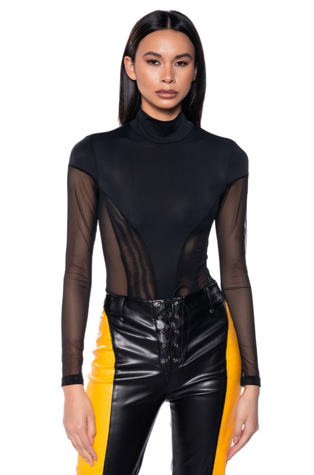 Front View Sealed Lips Long Sleeve Mesh Bodysuit