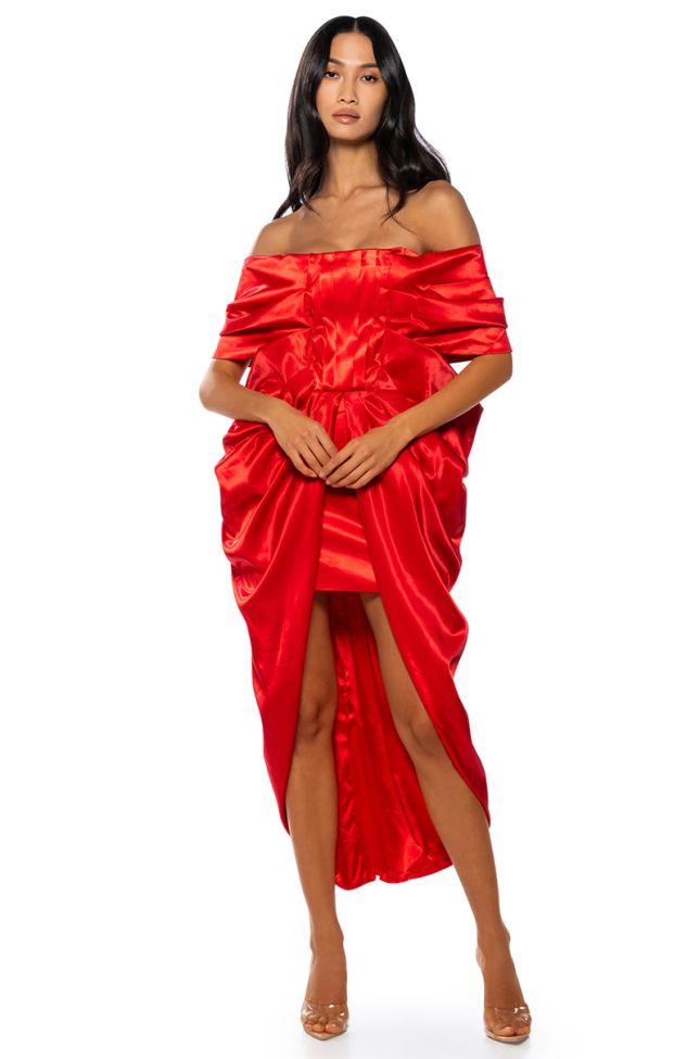 Front View Sealed With A Kiss Strapless Satin Midi Dress