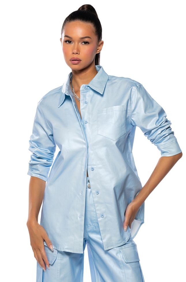 Front View Seaside Lovers Foil Effect Button Down Blouse