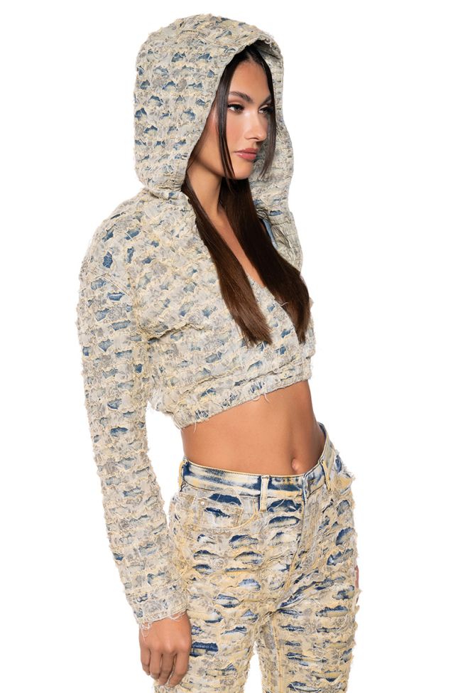Side View Secret Weapon Distressed Denim Hooded Top
