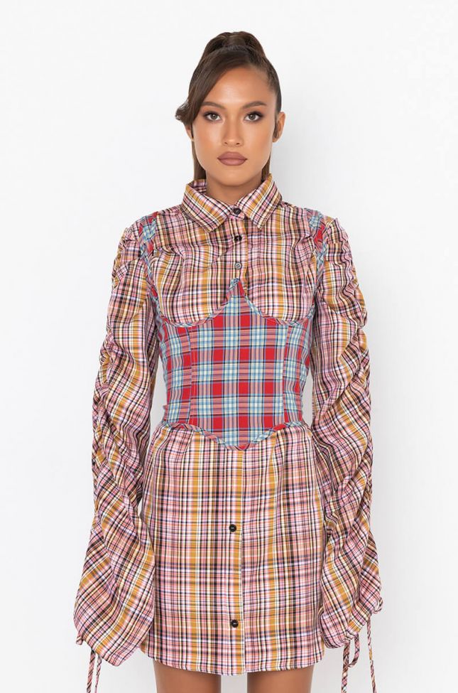Side View Secrets Out Plaid Button Up Dress With Attached Corset