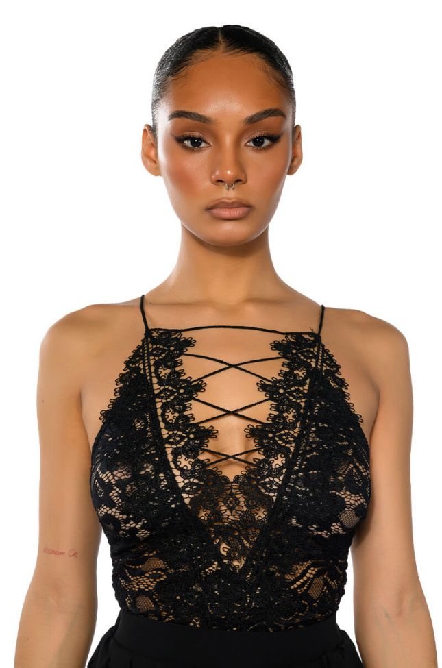 Front View See Me Sometime Cross Front Lace Bodysuit