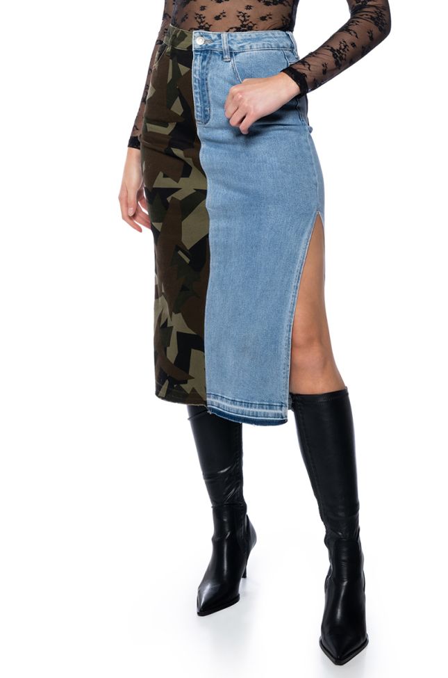 Front View Seeing Double Denim Camo Midi Skirt