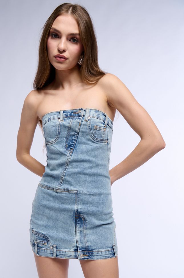 Front View Seeing Double Strapless Denim Mini Dress
