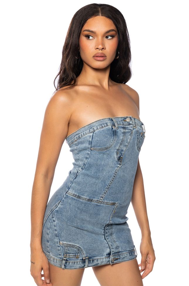 Side View Seeing Double Strapless Denim Mini Dress