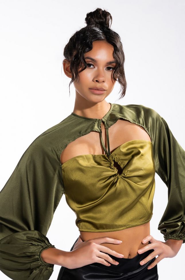 Front View Seeing Green Blouson Sleeve Cutout Satin Blouse