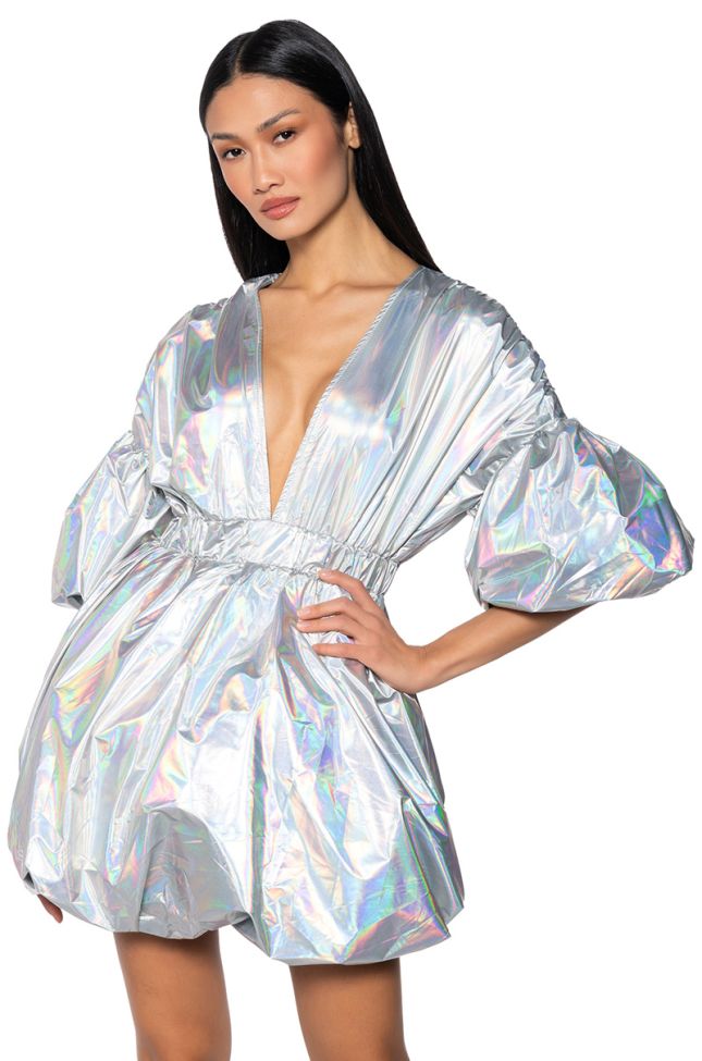 Front View Seeing Stars Metallic Mini Dress In Silver Ab