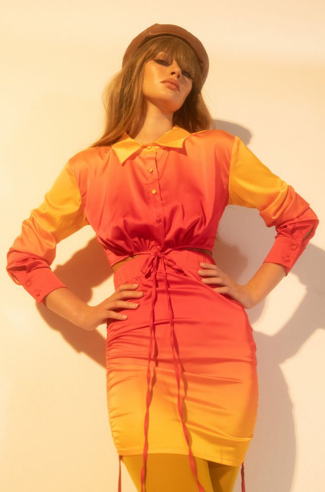 Front View Selling Sunset Satin Crop Blouse