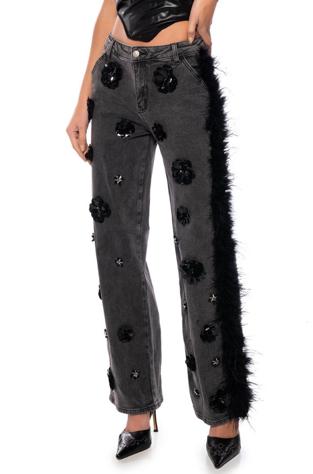 Front View Sequin Roses Applique Feathered Jeans