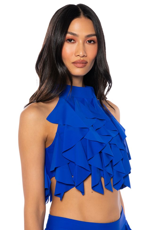 Front View Serenity Ruffled Halter Neck Top In Blue