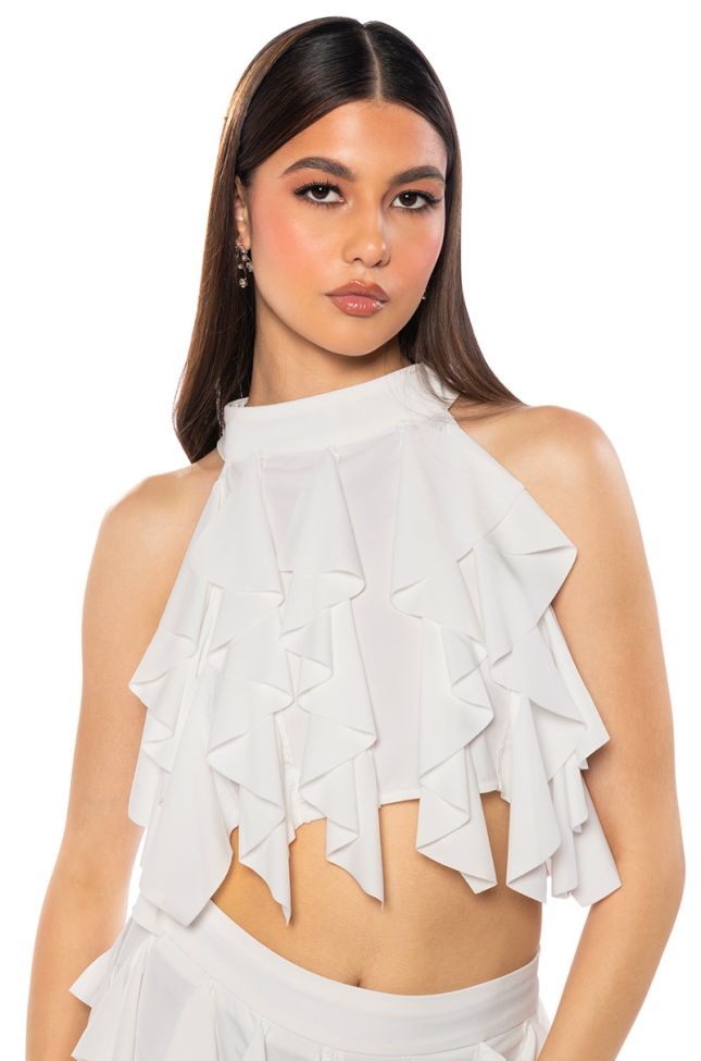 Front View Serenity Ruffled Halter Neck Top In White