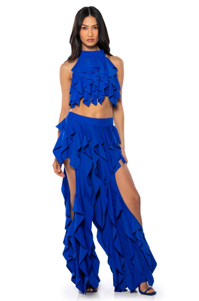 Side View Serenity Ruffled Pant In Blue