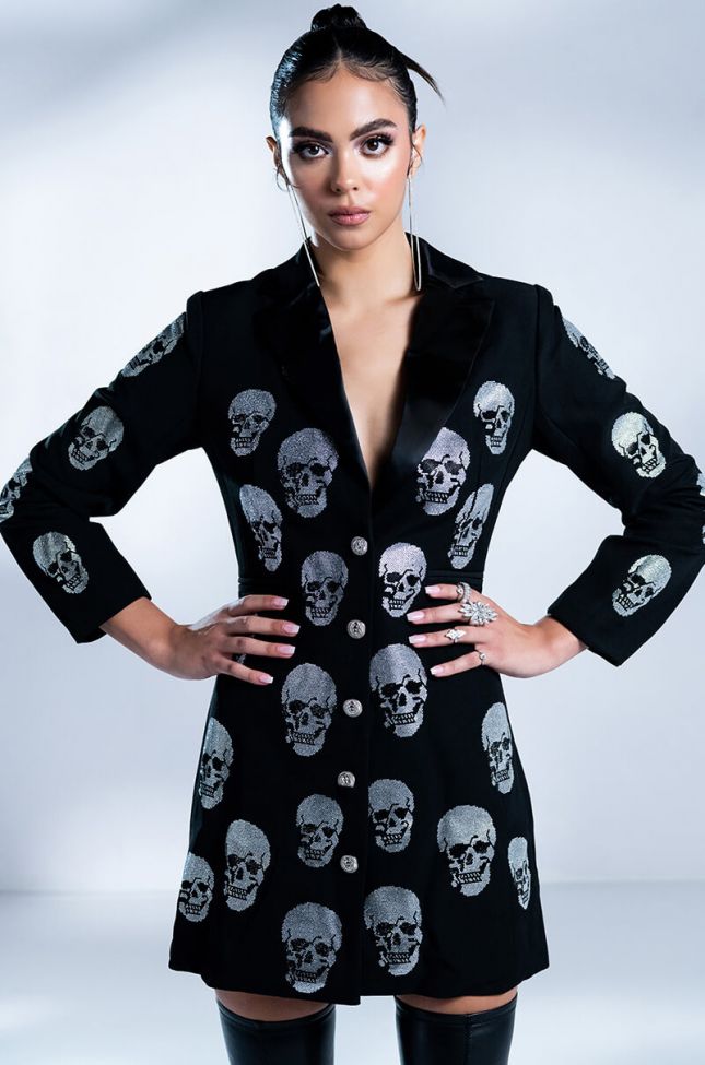 Side View Serving Looks In This Fashion Blazer Dress With Rhinestone Skulls