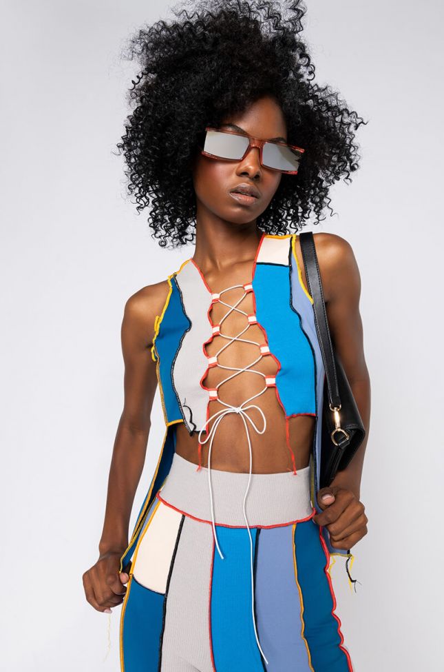 Front View Set It Off Contrast Trim Lace Up Crop Tee in Blue Multi
