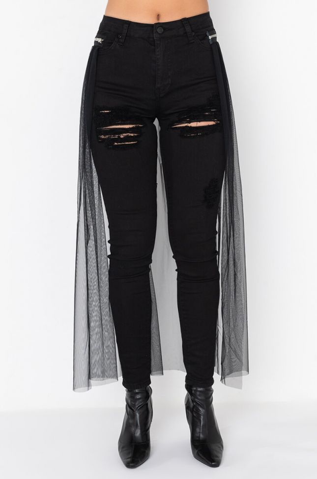 Front View Shadow Tulle Detail Zipper Skinny Jeans