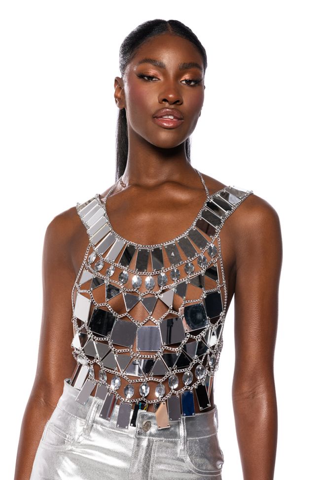 Front View Shae Mirrored Crop Top In Silver