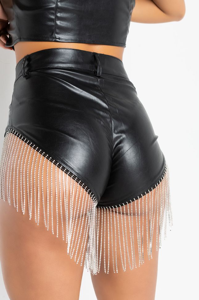 Detail View Shake A Tail Feather Rhinestone Fringe Shorts in Black