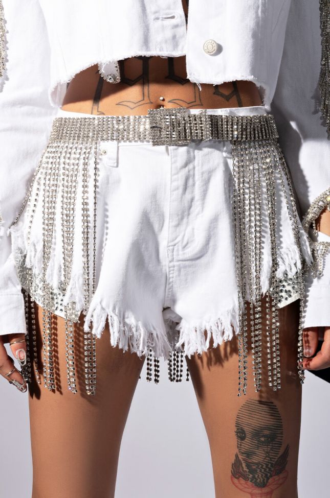 Front View Shake A Tail Feather Rhinestone Fringe Skirt Belt