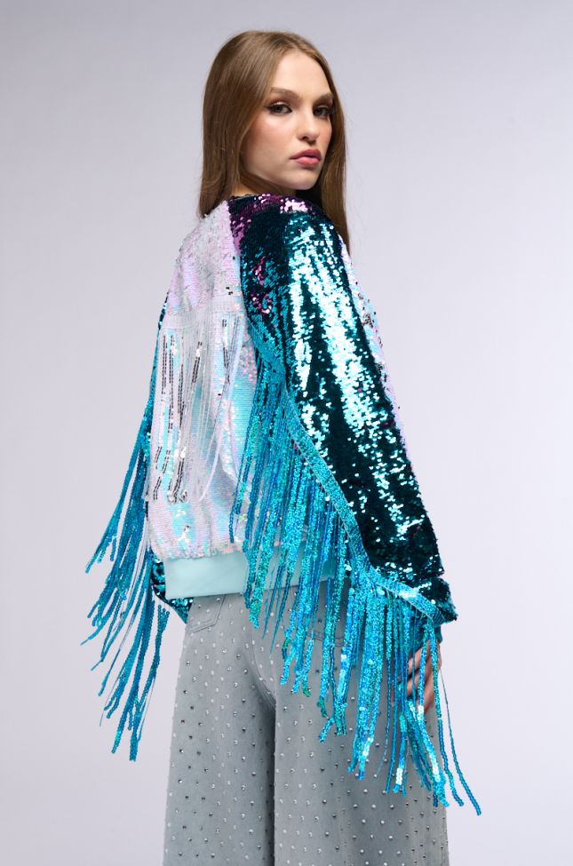 Detail View Shake It Sequin Bomber With Fringe