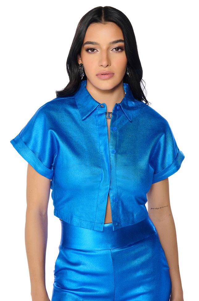 Front View Shake It Up Metallic Faux Leather Button Down Top