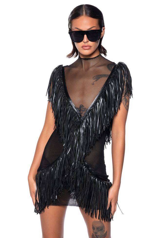 Front View Shake Your Tail Feathers Fringe Mesh Mini Dress