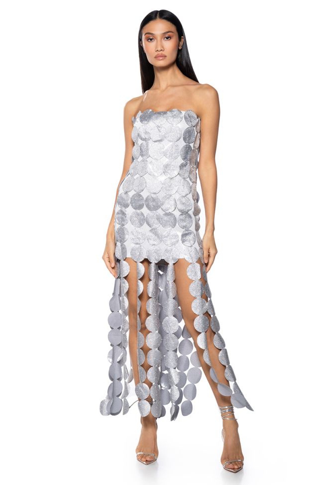 Extra View She Is The Moment Strapless Rhinestone Disc Maxi Dress