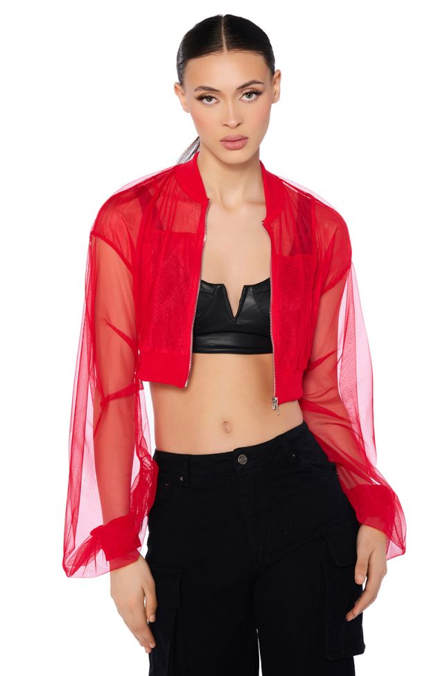 Front View Sheer Mesh Stacked Arm Bomber In Red