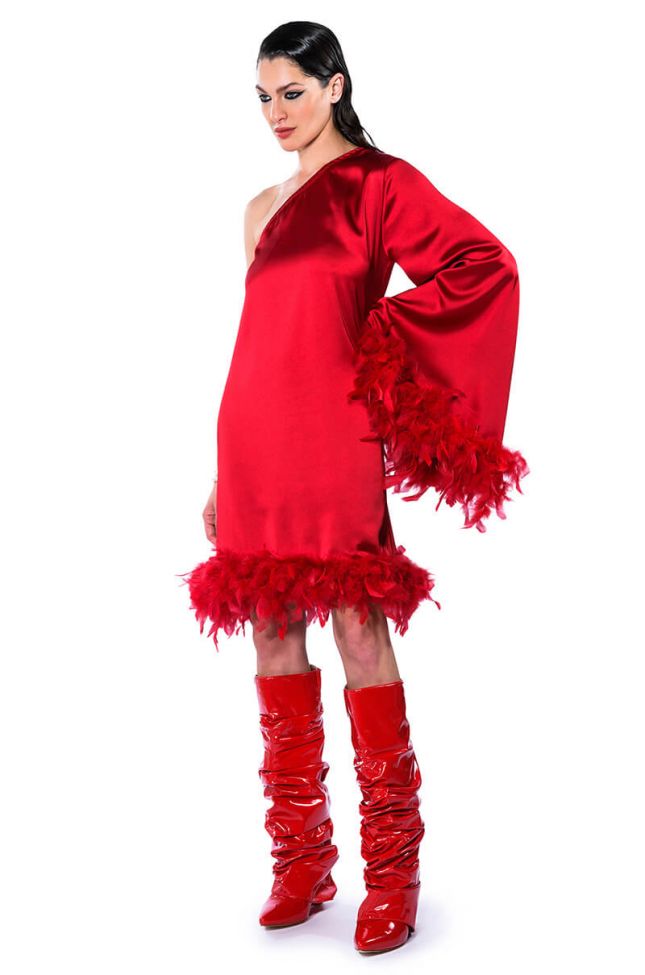 SHES ALL THAT ONE SLEEVE FEATHER MINI DRESS