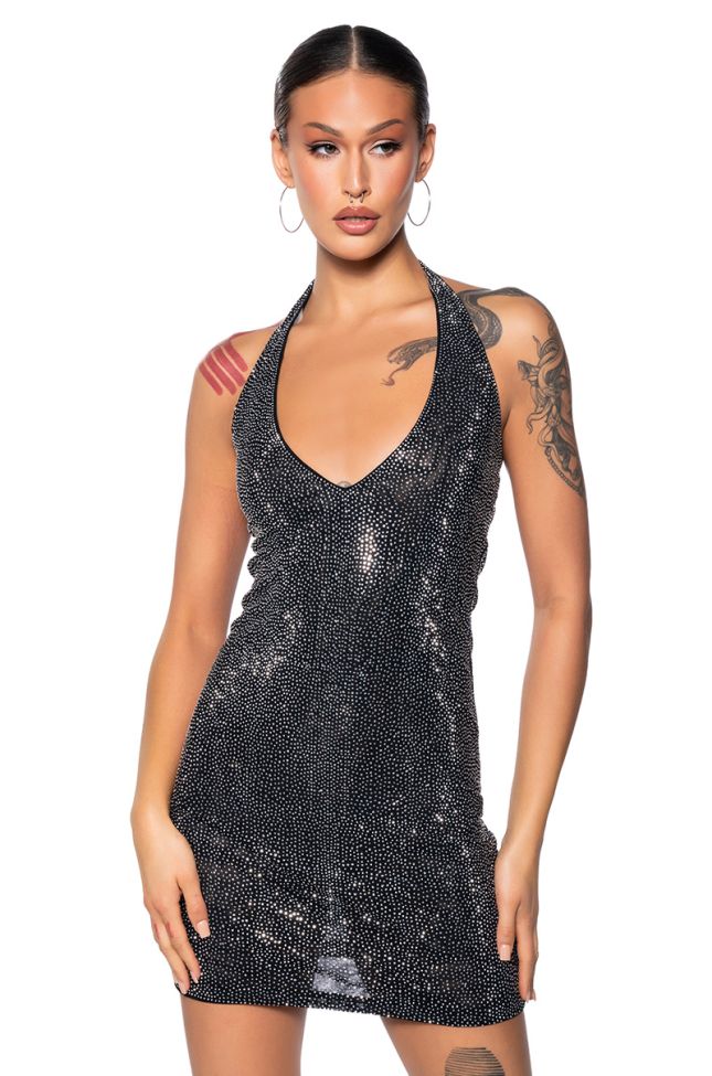 Front View Shes Glowing Rhinestone Mini Dress In Black