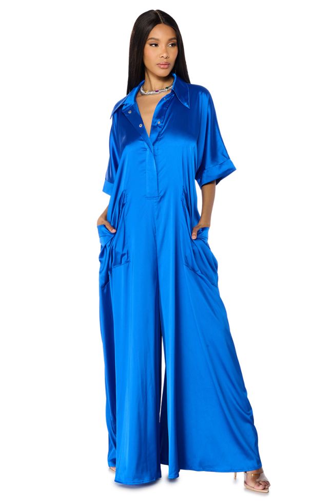 Front View Shes Rich Oversized Satin Jumpsuit In Blue
