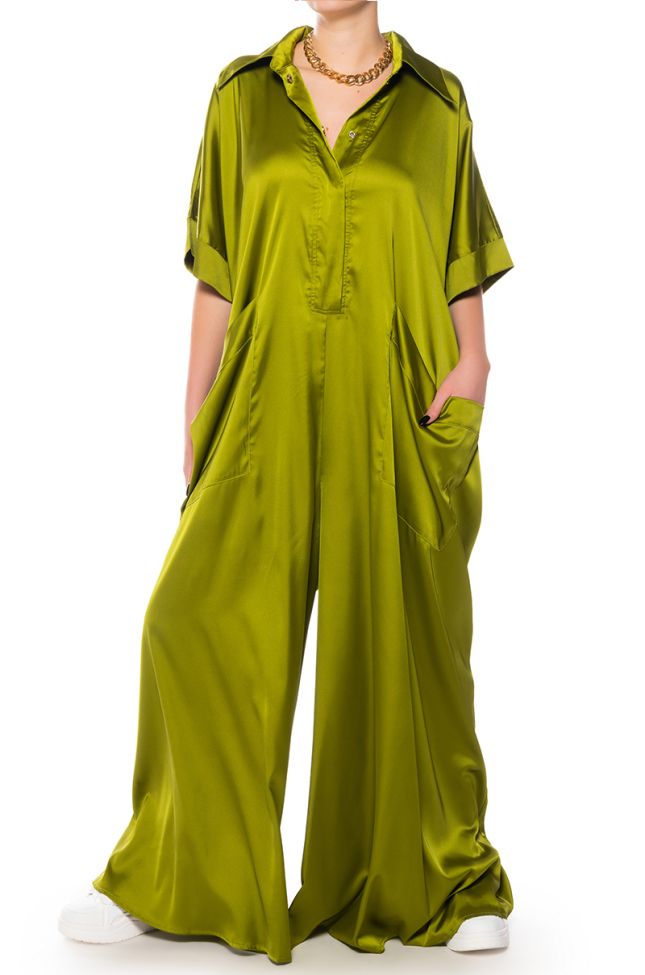 Front View Shes Rich Oversized Satin Jumpsuit In Green