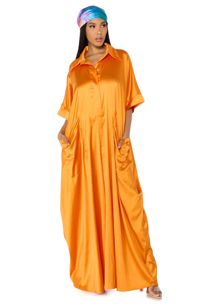 Front View Shes Rich Oversized Satin Jumpsuit In Orange