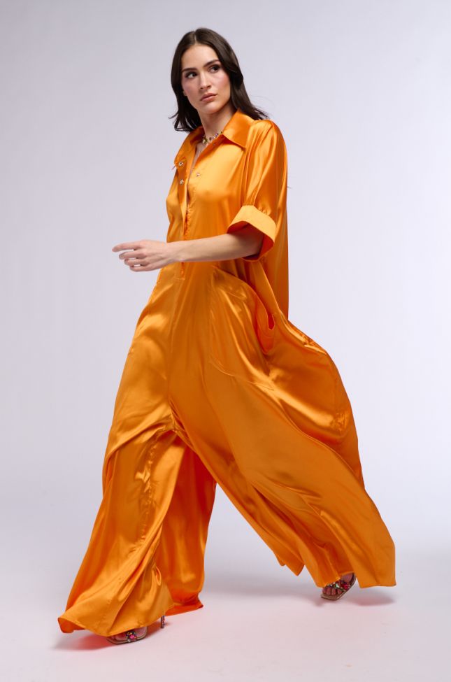 Side View Shes Rich Oversized Satin Jumpsuit In Orange