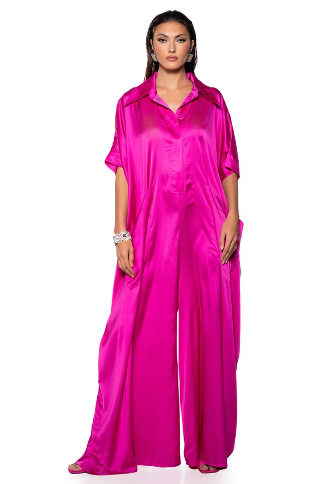 Front View Shes Rich Oversized Satin Jumpsuit In Pink