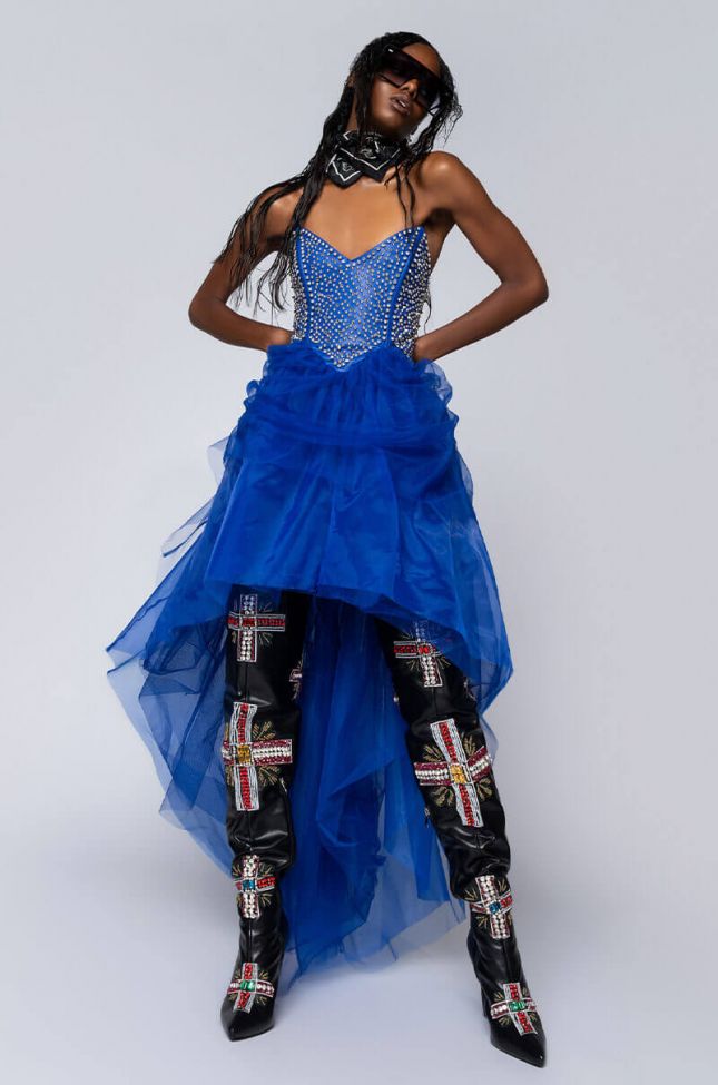 Front View Shes Royalty High And Low Tulle Dress in Blue