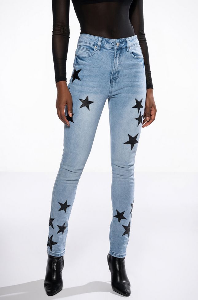 Front View Shining Star Patch Detail High Rise Skinny Jean