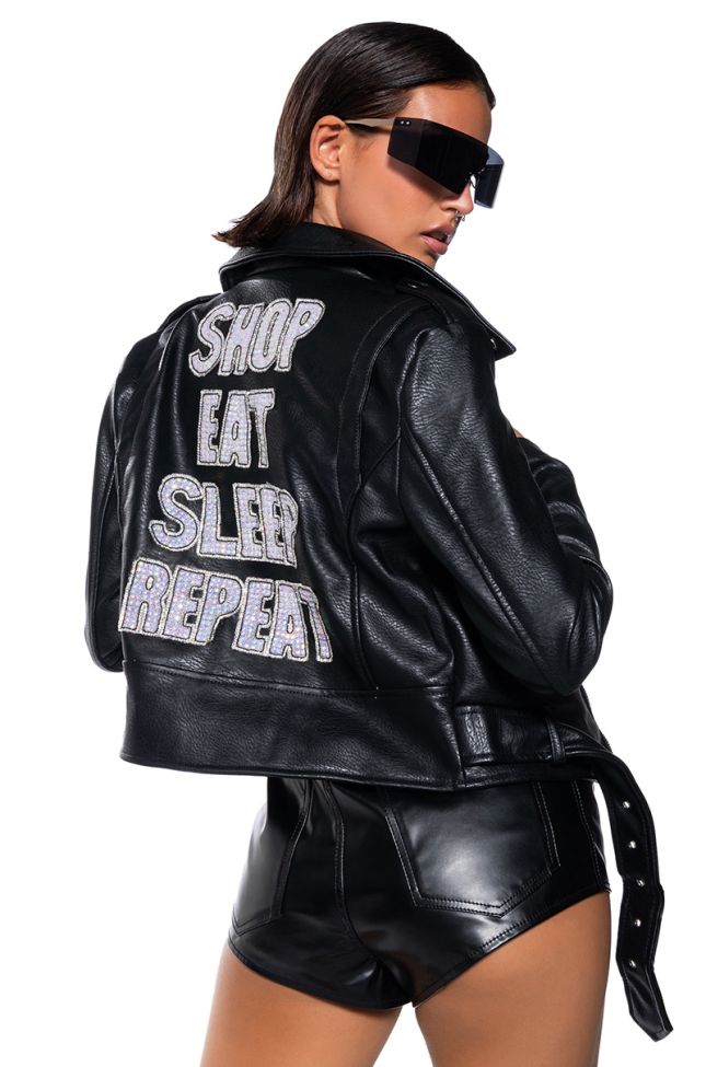 Back View Shop Eat Sleep Repeat Embellished Faux Leather Moto Jacket