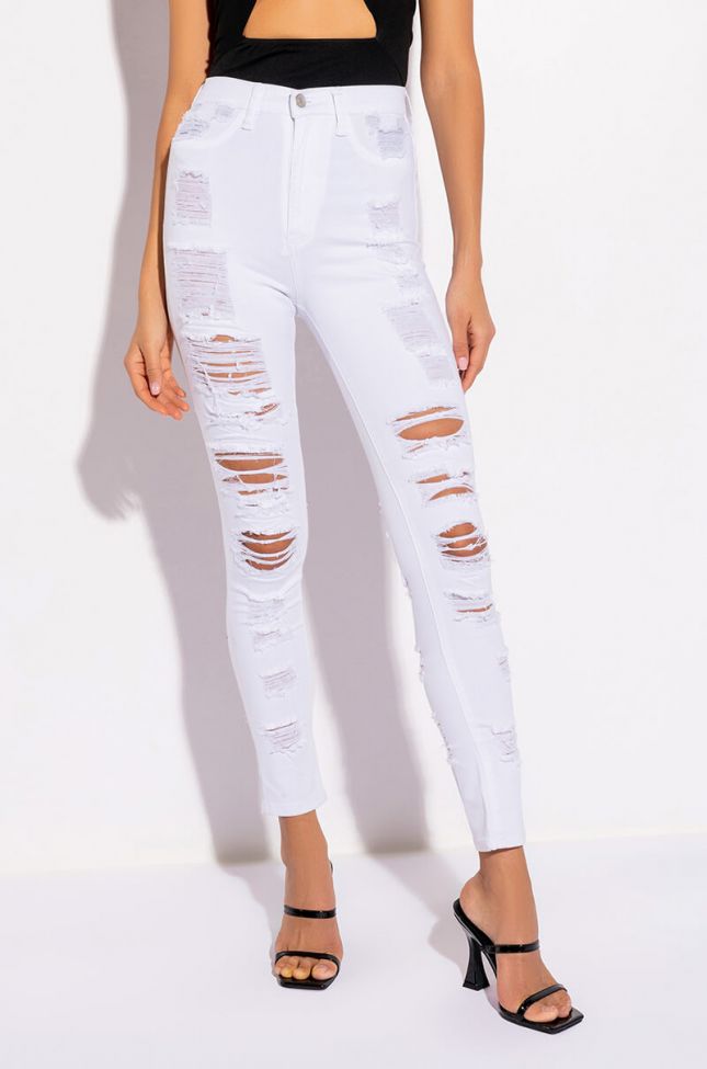 Front View Show Me Baby Distressed Skinny Jeans in White