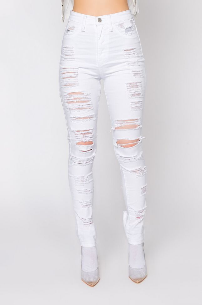 Front View Show Me Baby Distressed Skinny Jeans in White