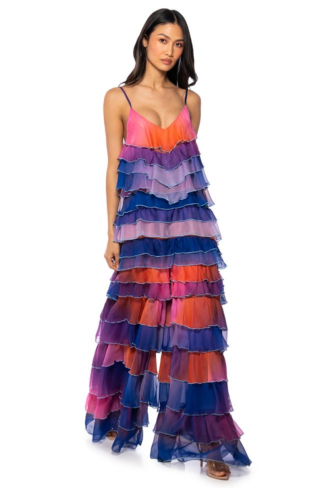 Front View Show Out Sleeveless Tiered Ruffle Chiffon Jumpsuit