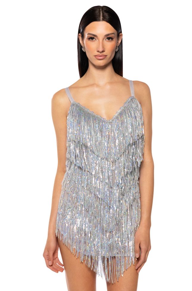 Back View Show Up Fringe Mini Dress In Silver