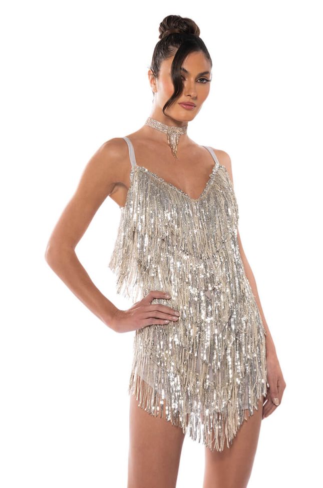 Front View Show Up Fringe Mini Dress In Silver