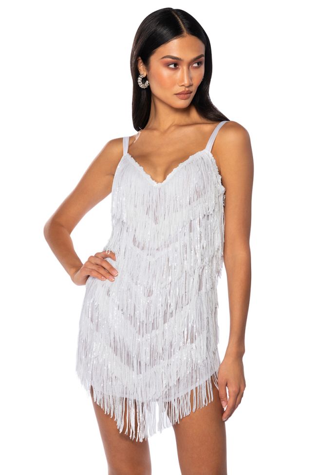 Front View Show Up Fringe Mini Dress In White