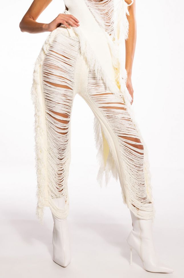 Front View Shredded High Waist Knit Pants In Ivory