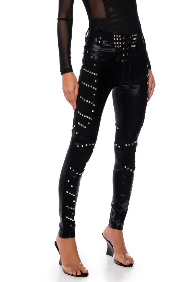 Front View Side To Side Studded High Waist Lace Up Pants